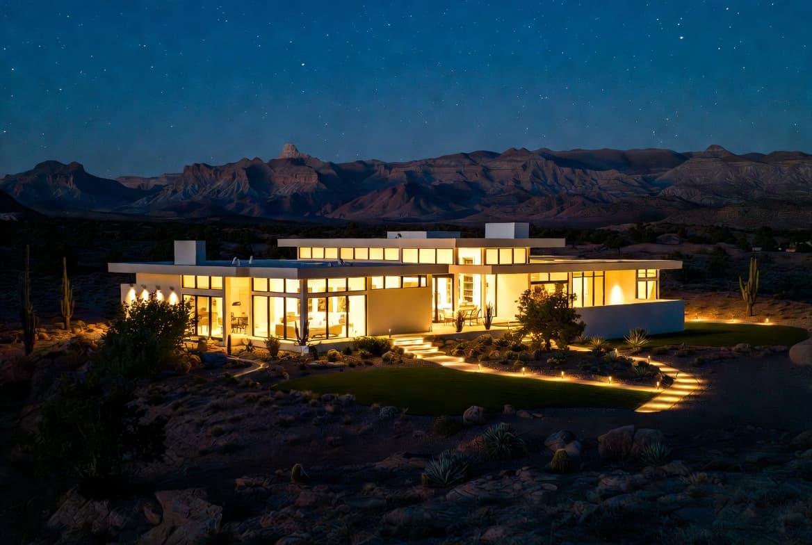 Same custom home at night fully illuminated with interior, exterior, and landscape lighting