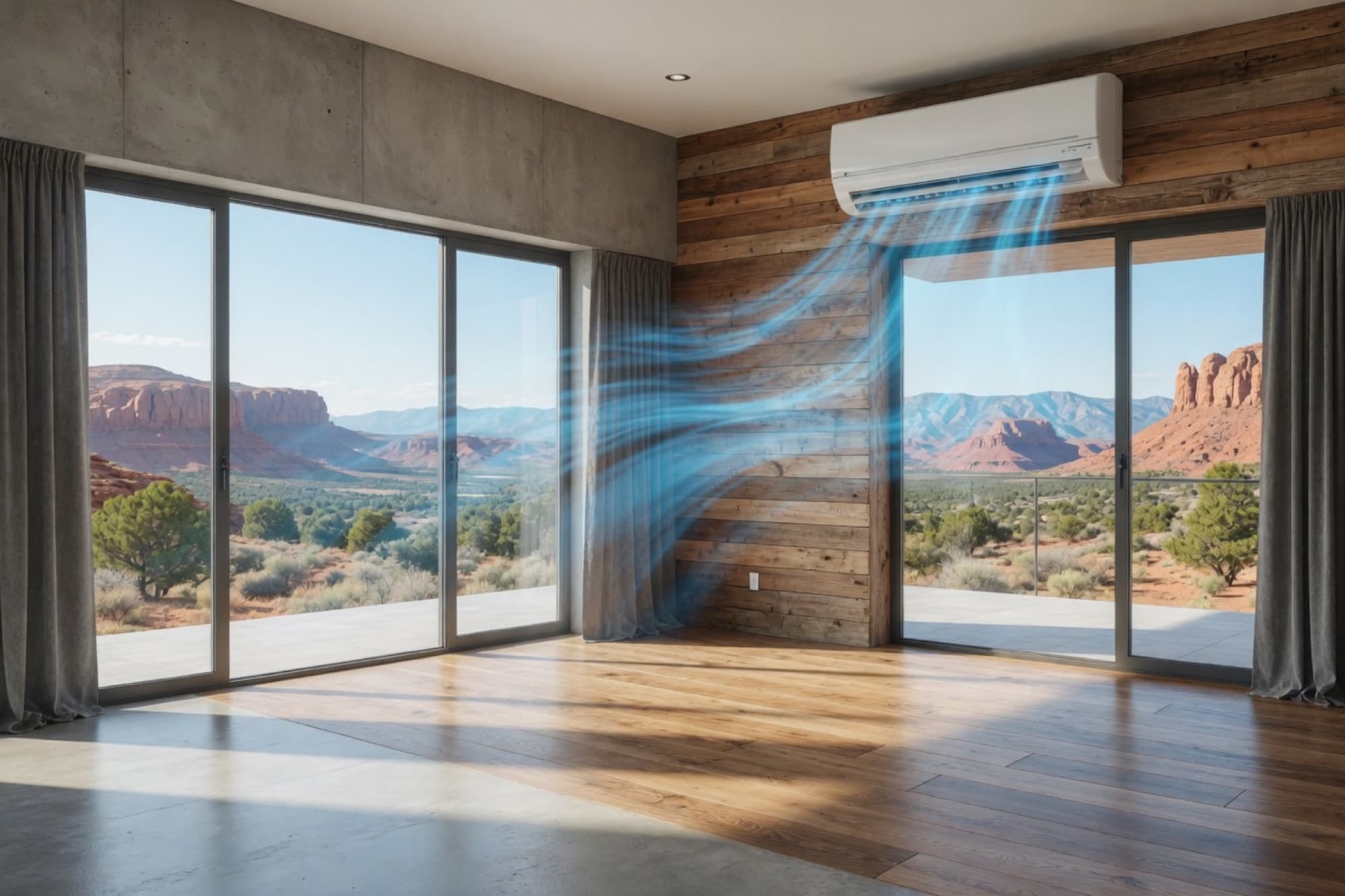 Modern Southern Utah home interior with a variable-speed heat pump circulating conditioned air, desert red rock landscape visible through floor-to-ceiling windows